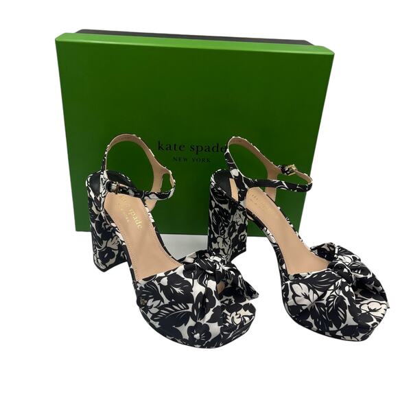 Kate Spade Lucie Tropical Foliage Silk Platform Heels Sandals Black White 9 - Picture 10 of 11